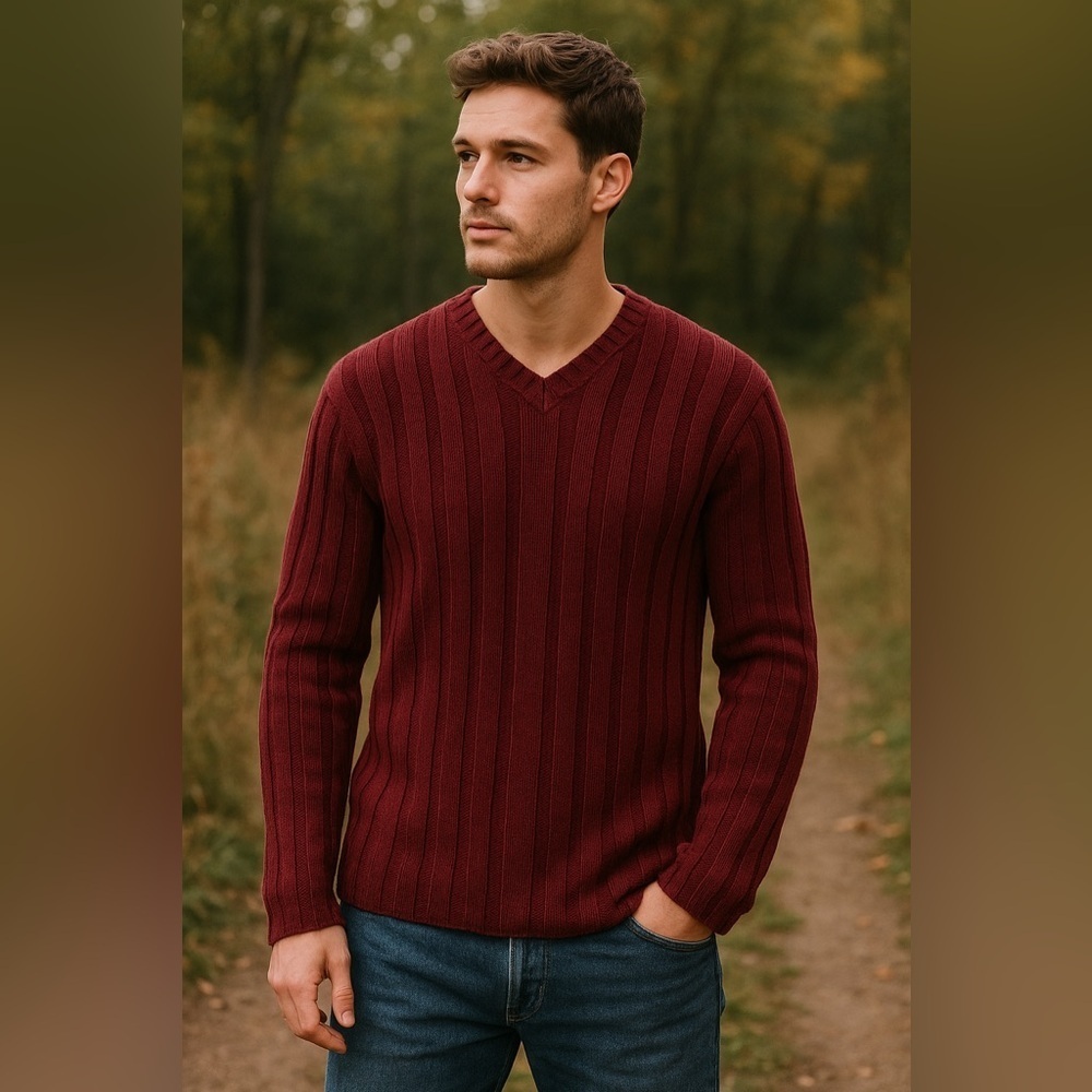 Abercrombie & Fitch Vintage Ribbed Wool Blend Sweater Muscle V Neck Maroon L